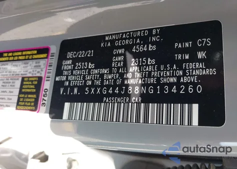 2022 Kia K5 Gt из США, поврежденный, VIN 5XXG44J88NG134260